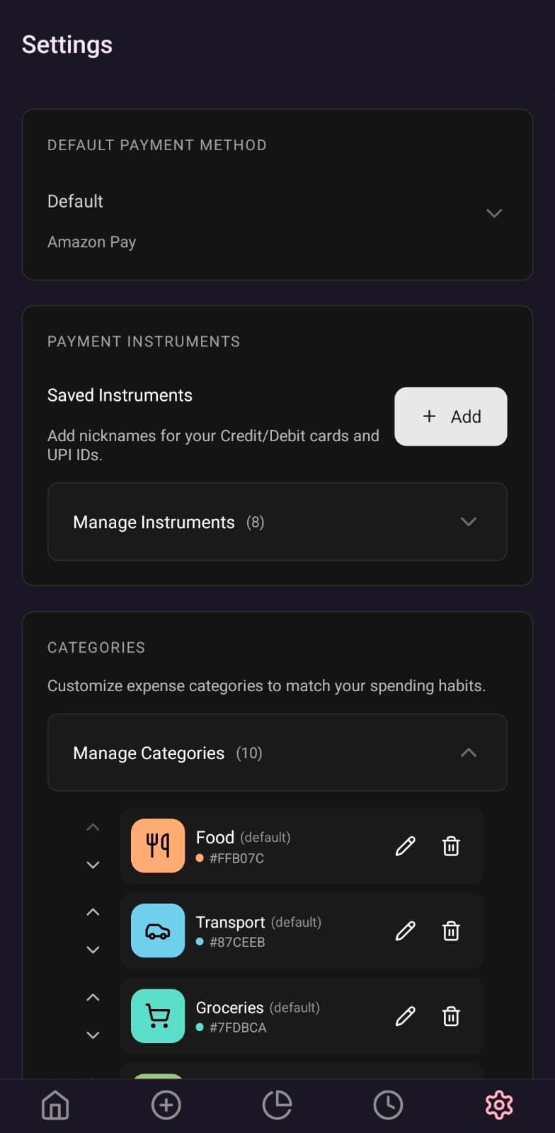 Expense Buddy settings