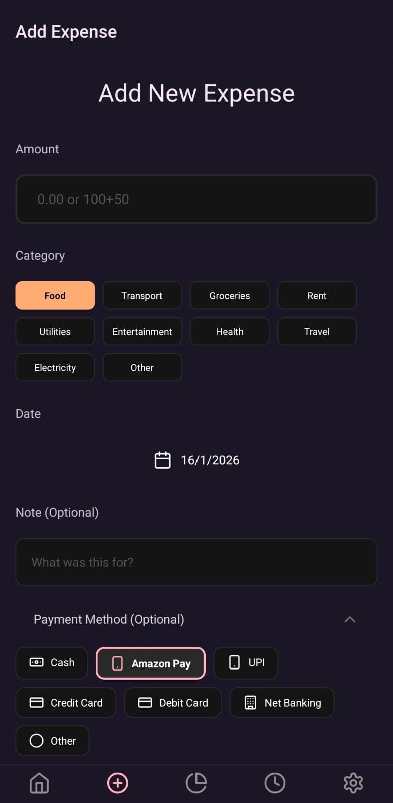 Expense Buddy add expense screen